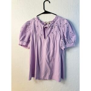 LOFT Lavender Purple Eyelet Puff Sleeve Ruffle Neck Tie Front Top Size MP